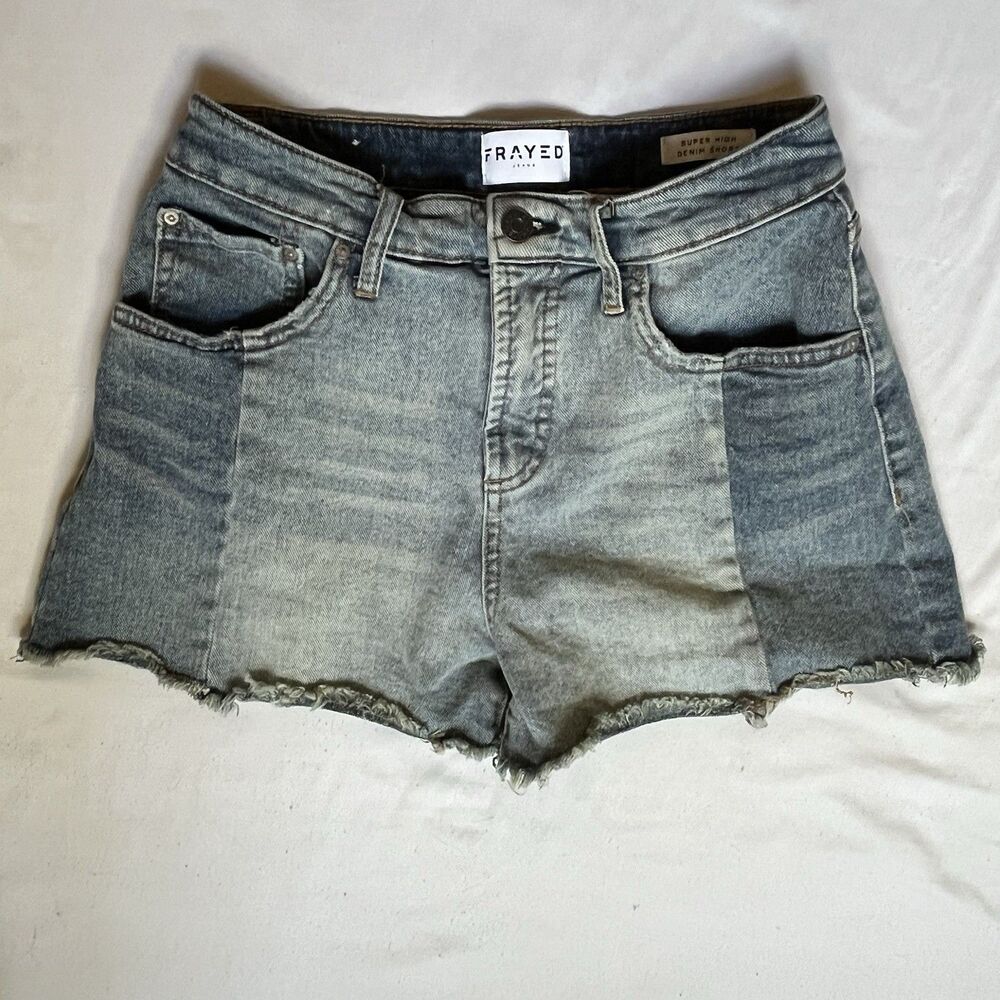 FRAYED Jeans Super High Shorts Patchwork Panel Light & Dark wash Mom Womens 26